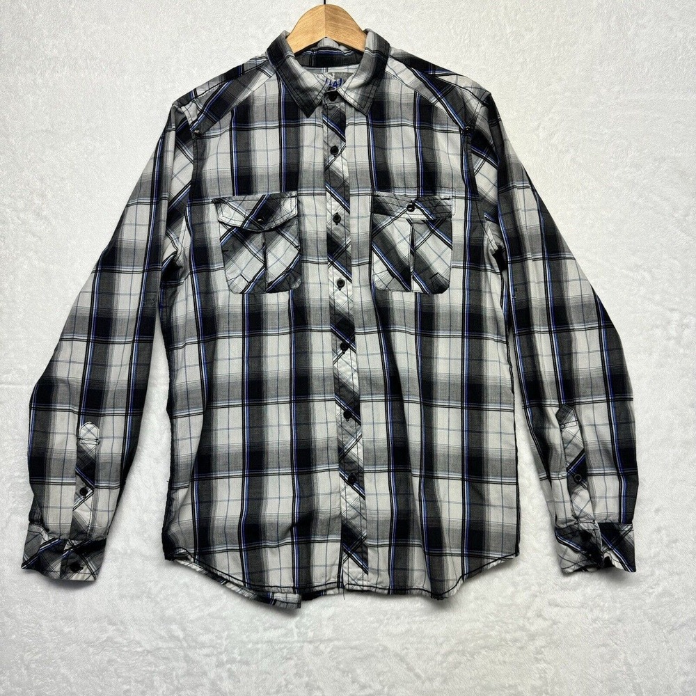 Chalc Men's Long Sleeve Button Up Shirt Black/Gray/Blue Plaid Casual Western